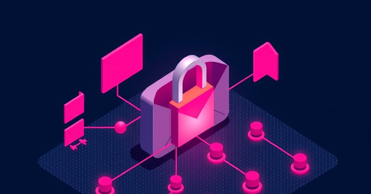 Isometric illustration of TLS and end-to-end encryption protecting email in transit and at rest