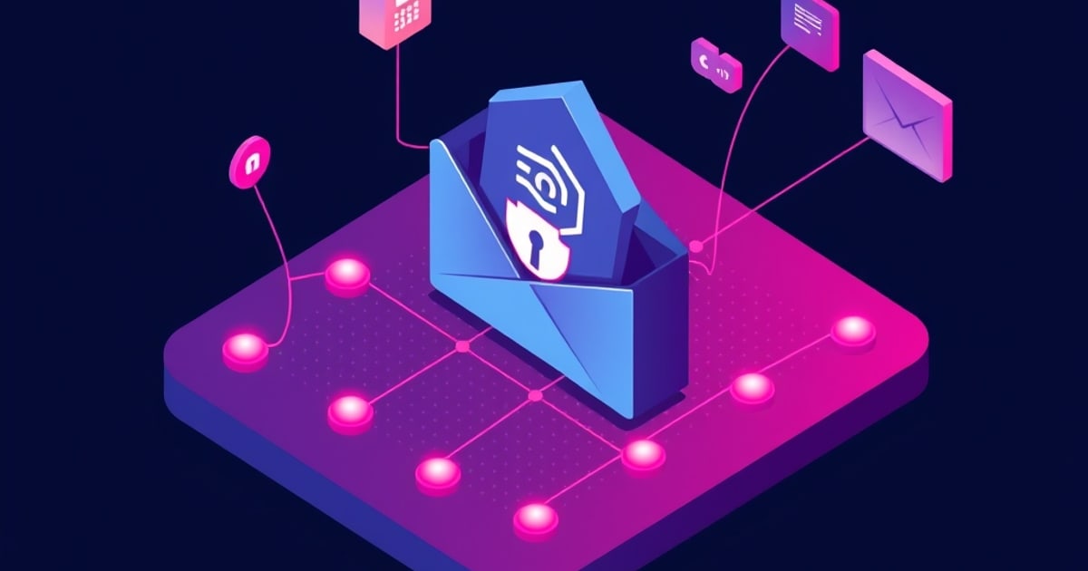 Flat isometric illustration of a blue envelope holding a shield with a padlock, on a magenta pad of linked glowing nodes with small floating app cards.