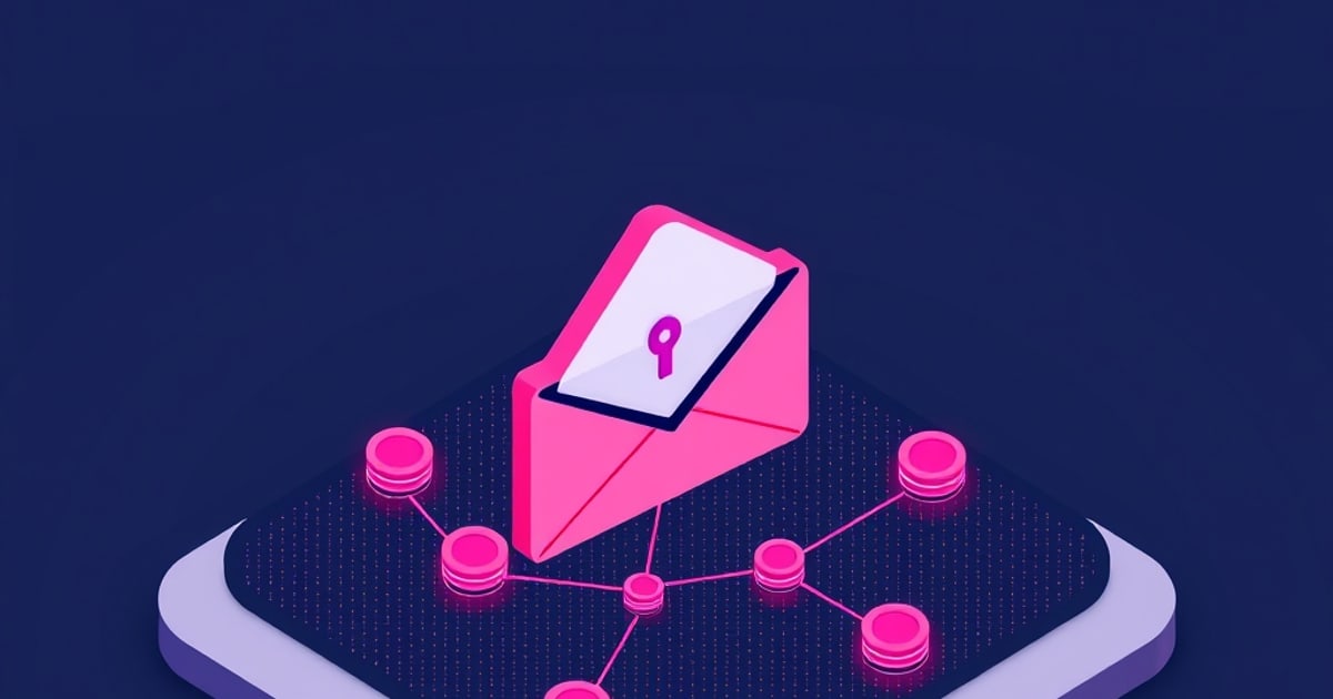 Flat isometric illustration of an open mail envelope holding a letter marked with a keyhole, on a platform of glowing linked encryption nodes