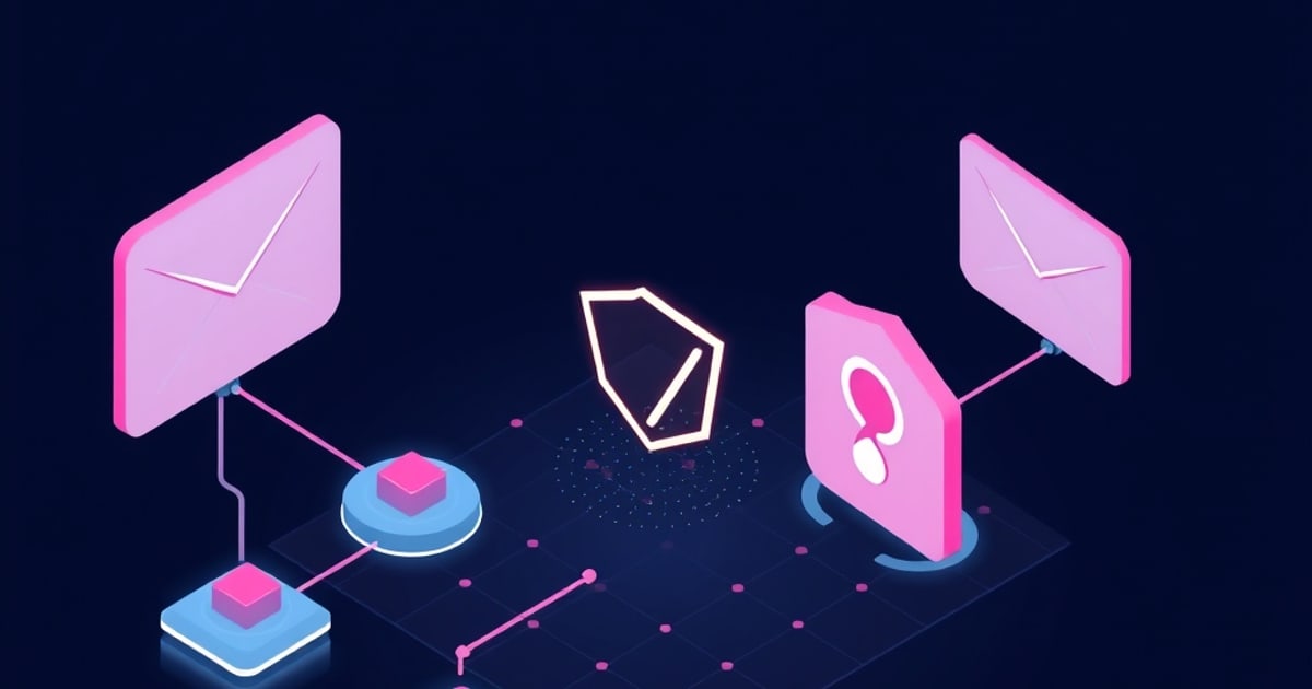 Flat isometric illustration of two pink envelopes wired to blue node pads, with a white outlined shield and a pink shield badge between them.