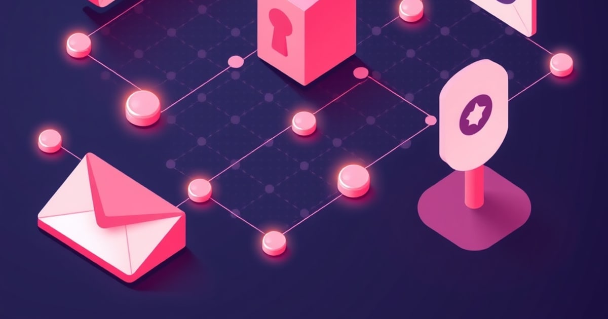 Isometric illustration of a sealed envelope beside a padlock and shield connected by glowing nodes, representing encrypted email privacy