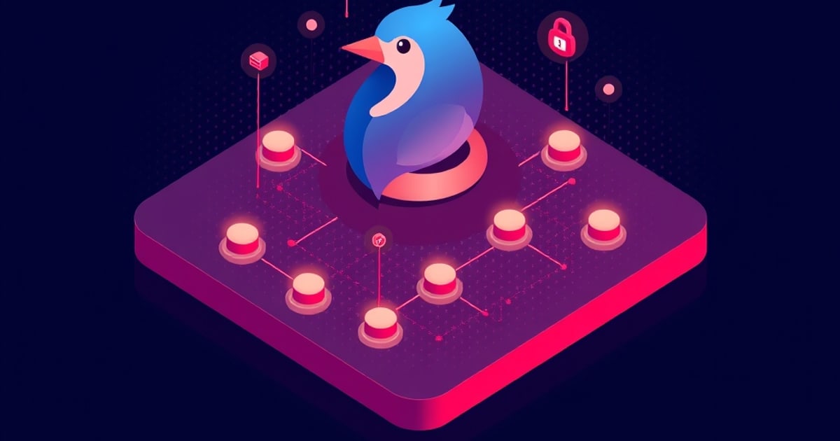 A stylized blue bird perched on a glowing pink isometric slab studded with connected round nodes, beside a floating padlock and a small cube.